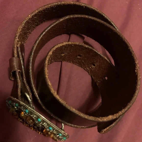 Brown Genuine Leather Belt with Multicolor Gemstone Buckle